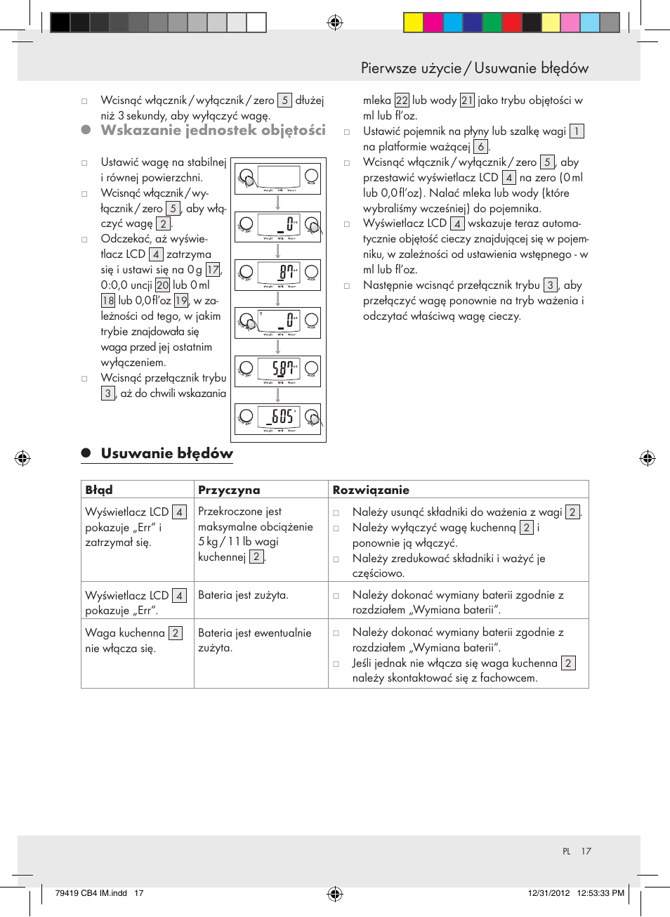 Pierwsze użycie / usuwanie błędów, Wskazanie jednostek objętości, Usuwanie błędów | Silvercrest Z29852A Z29852B User Manual | Page 17 / 60