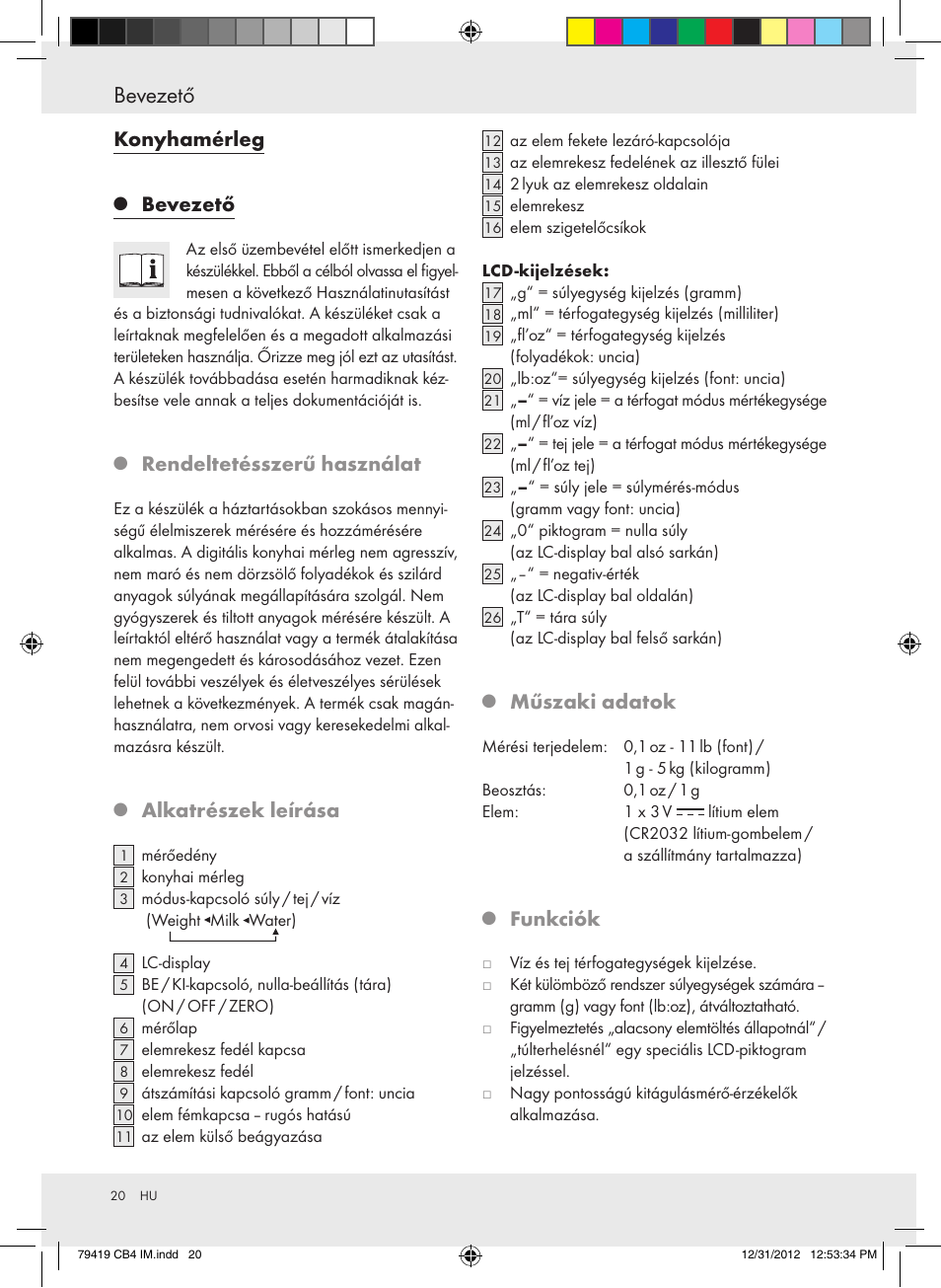 Bevezető, Konyhamérleg, Rendeltetésszerű használat | Alkatrészek leírása, Műszaki adatok, Funkciók | Silvercrest Z29852A Z29852B User Manual | Page 20 / 60