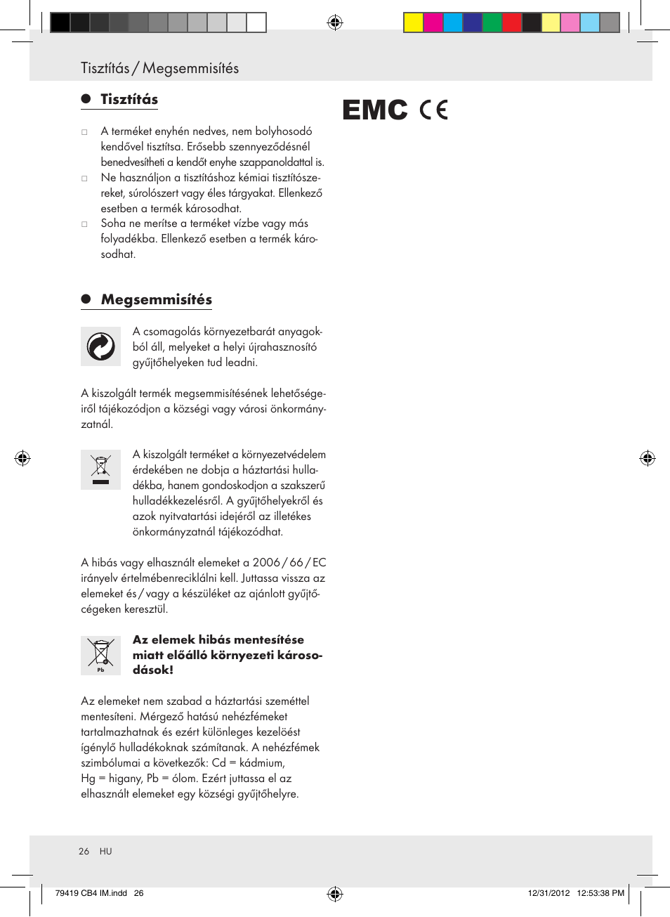 Tisztítás / megsemmisítés, Tisztítás, Megsemmisítés | Silvercrest Z29852A Z29852B User Manual | Page 26 / 60