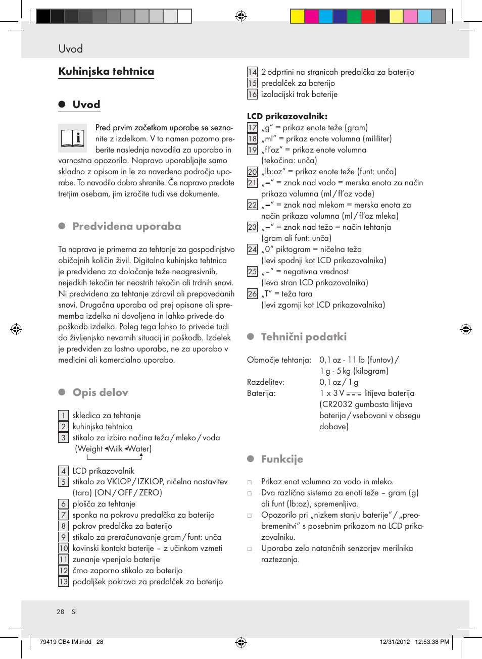 Uvod, Kuhinjska tehtnica, Predvidena uporaba | Opis delov, Tehnični podatki, Funkcije | Silvercrest Z29852A Z29852B User Manual | Page 28 / 60