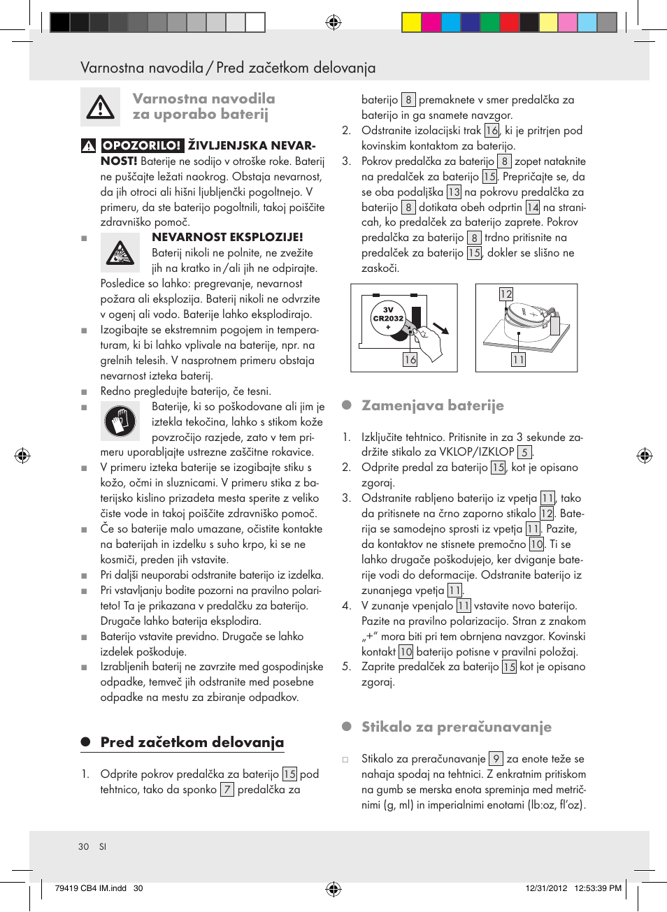 Varnostna navodila / pred začetkom delovanja, Varnostna navodila za uporabo baterij, Pred začetkom delovanja | Zamenjava baterije, Stikalo za preračunavanje | Silvercrest Z29852A Z29852B User Manual | Page 30 / 60