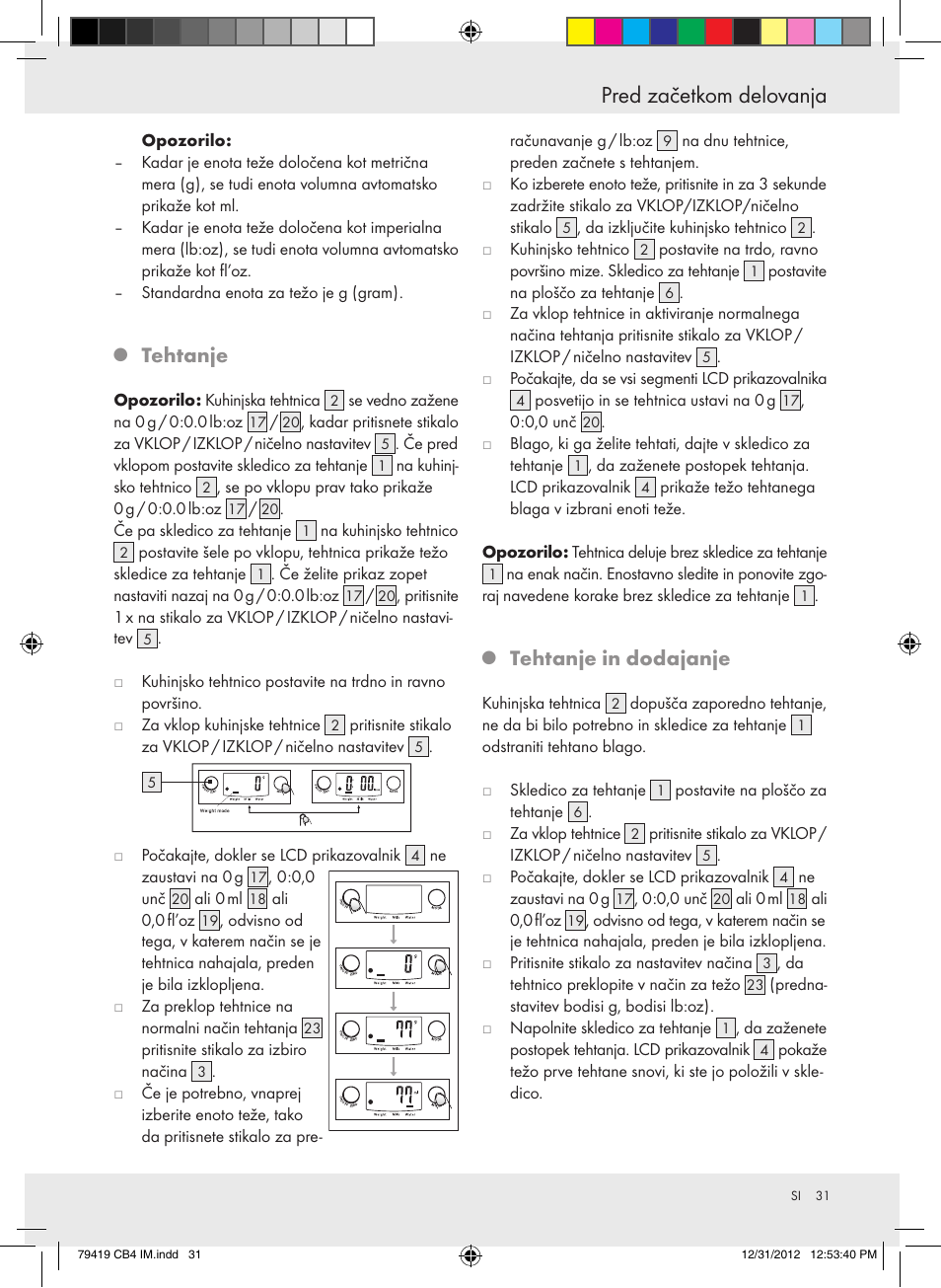 Pred začetkom delovanja, Tehtanje, Tehtanje in dodajanje | Silvercrest Z29852A Z29852B User Manual | Page 31 / 60