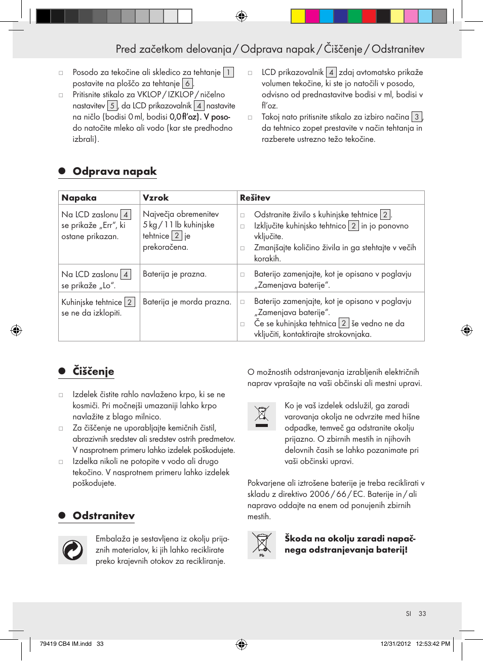Odprava napak, Čiščenje, Odstranitev | Silvercrest Z29852A Z29852B User Manual | Page 33 / 60