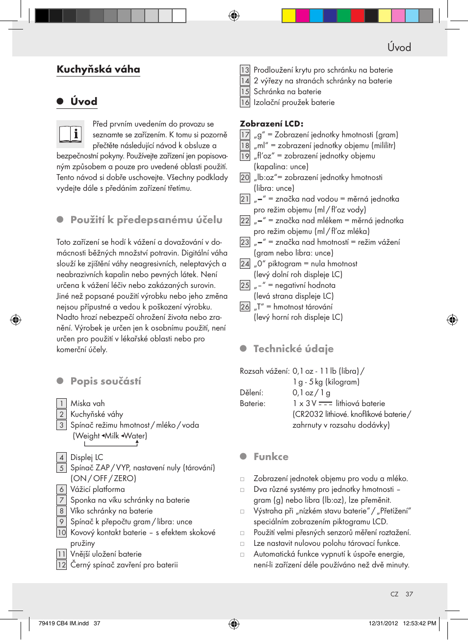 Úvod, Kuchyňská váha, Použití k předepsanému účelu | Popis součástí, Technické údaje, Funkce | Silvercrest Z29852A Z29852B User Manual | Page 37 / 60