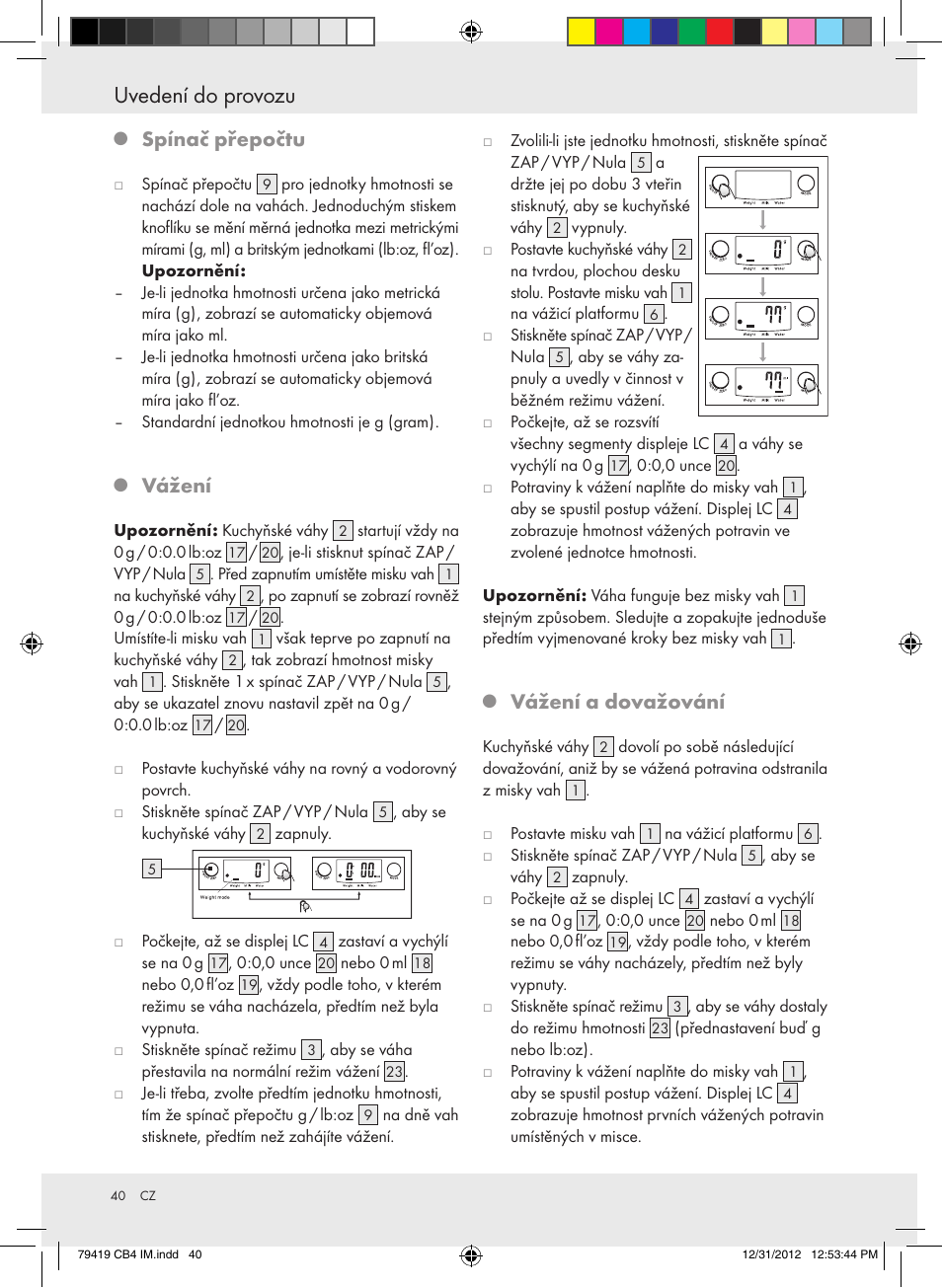 Uvedení do provozu, Spínač přepočtu, Vážení | Vážení a dovažování | Silvercrest Z29852A Z29852B User Manual | Page 40 / 60