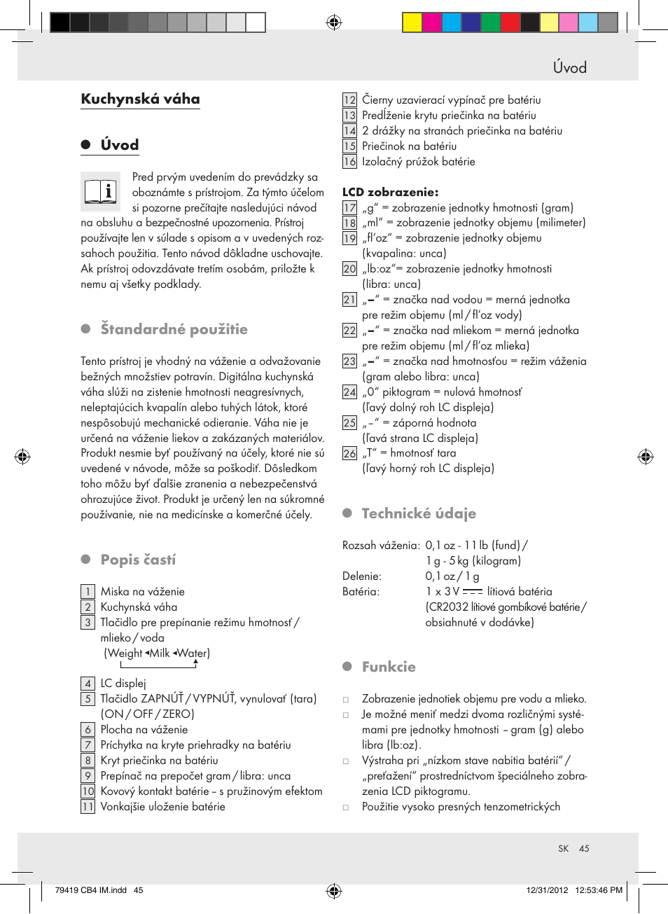 Úvod, Kuchynská váha, Štandardné použitie | Popis častí, Technické údaje, Funkcie | Silvercrest Z29852A Z29852B User Manual | Page 45 / 60