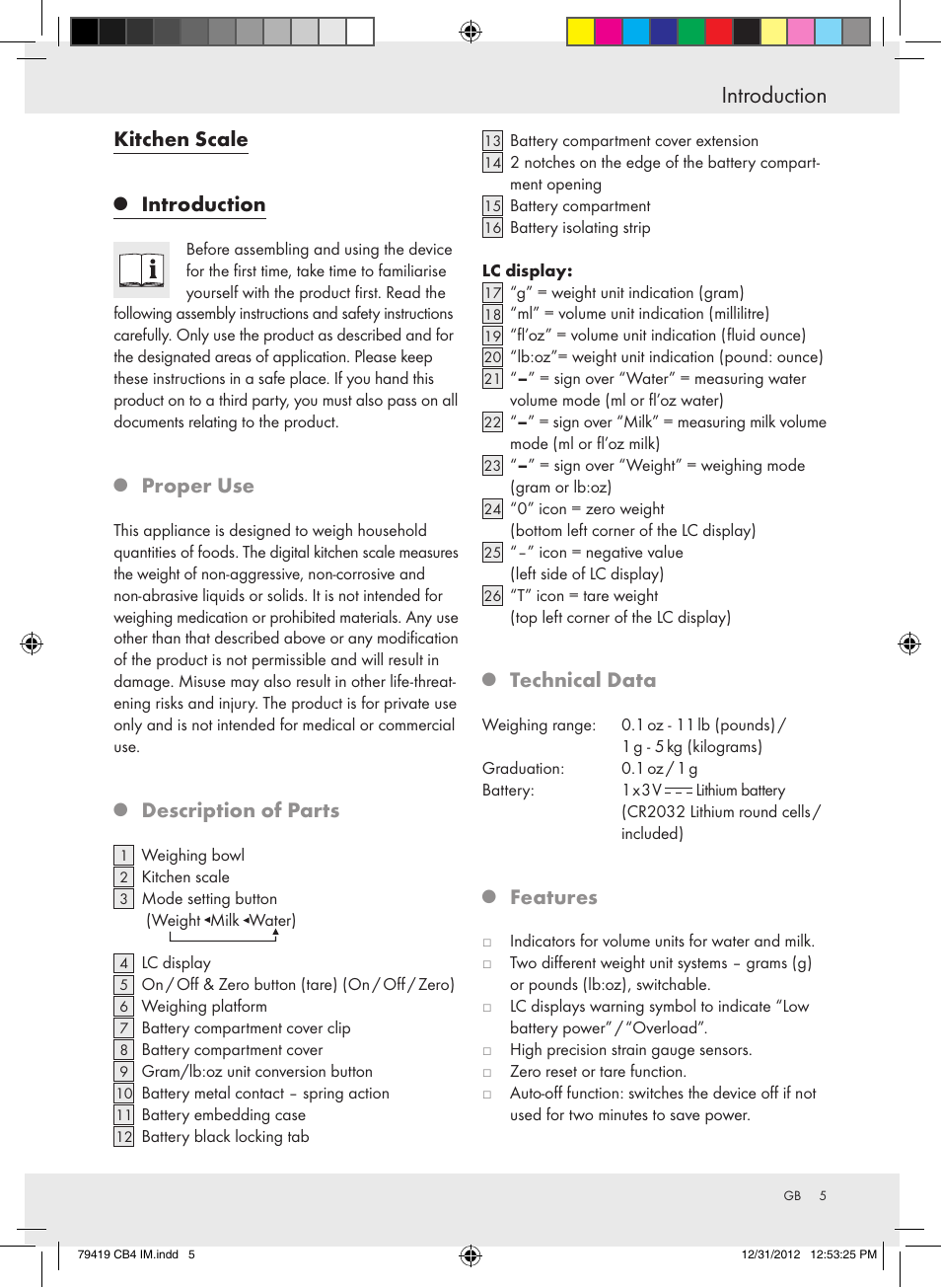 Introduction, Kitchen scale, Proper use | Description of parts, Technical data, Features | Silvercrest Z29852A Z29852B User Manual | Page 5 / 60