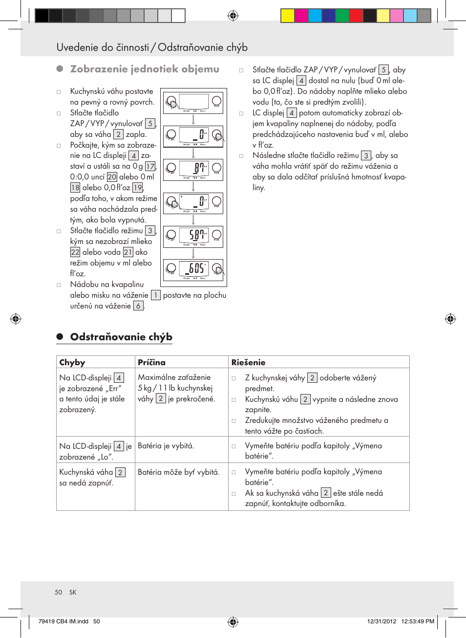 Uvedenie do činnosti / odstraňovanie chýb, Zobrazenie jednotiek objemu, Odstraňovanie chýb | Silvercrest Z29852A Z29852B User Manual | Page 50 / 60