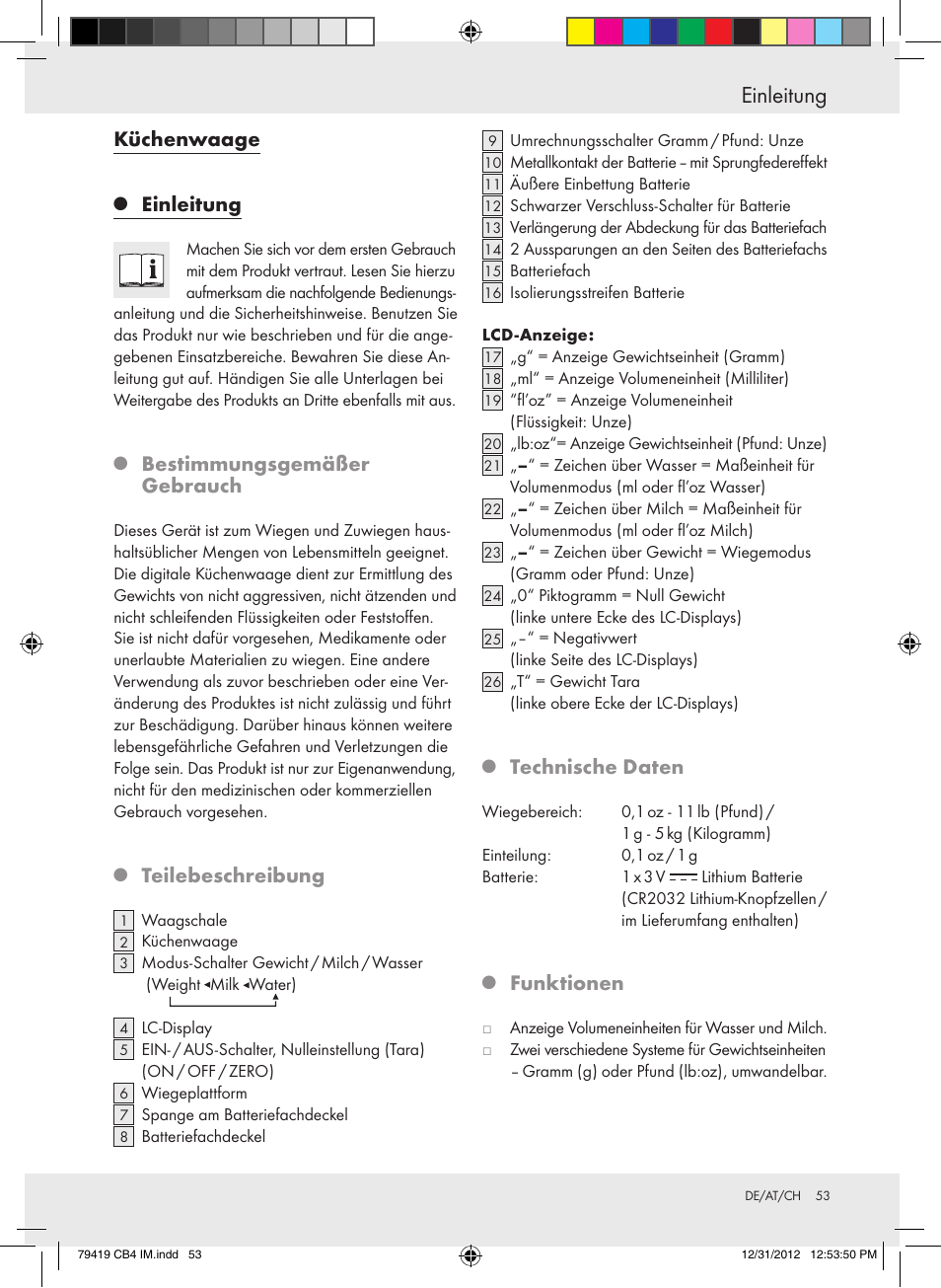 Einleitung, Küchenwaage, Bestimmungsgemäßer gebrauch | Teilebeschreibung, Technische daten, Funktionen | Silvercrest Z29852A Z29852B User Manual | Page 53 / 60