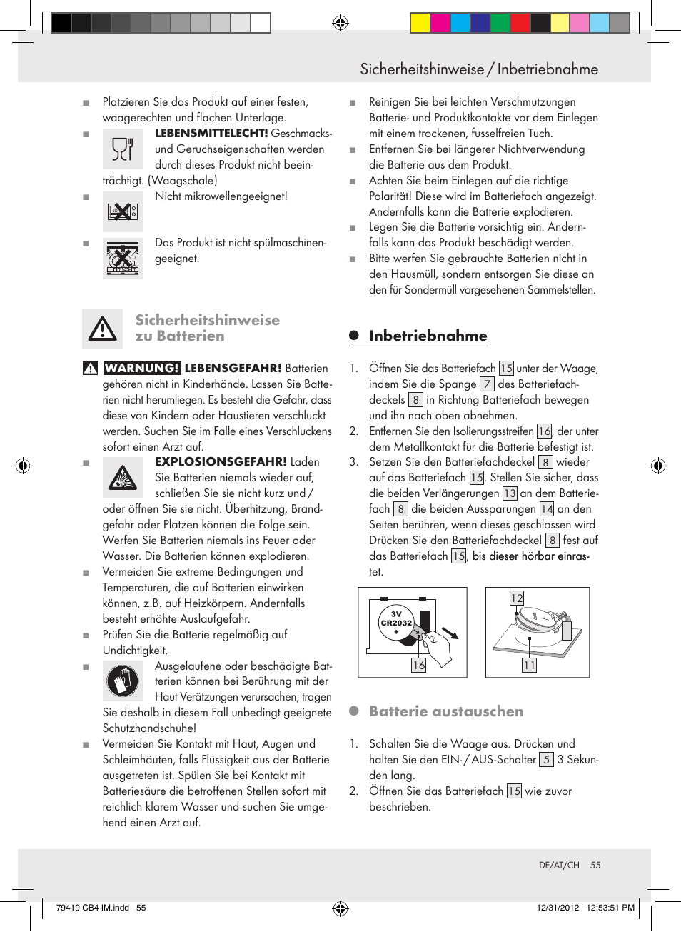 Sicherheitshinweise / inbetriebnahme, Sicherheitshinweise zu batterien, Inbetriebnahme | Batterie austauschen | Silvercrest Z29852A Z29852B User Manual | Page 55 / 60
