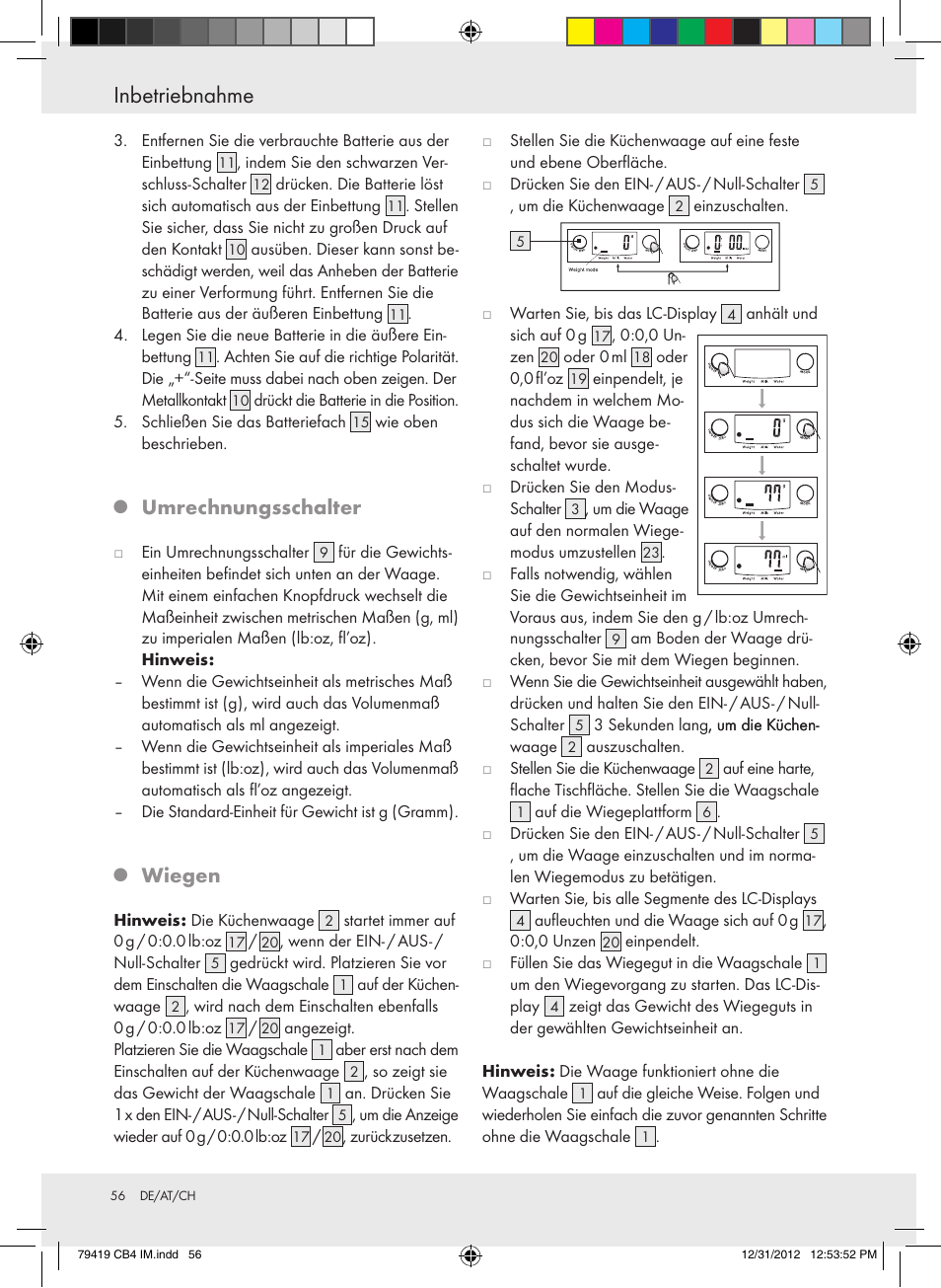 Inbetriebnahme, Umrechnungsschalter, Wiegen | Silvercrest Z29852A Z29852B User Manual | Page 56 / 60