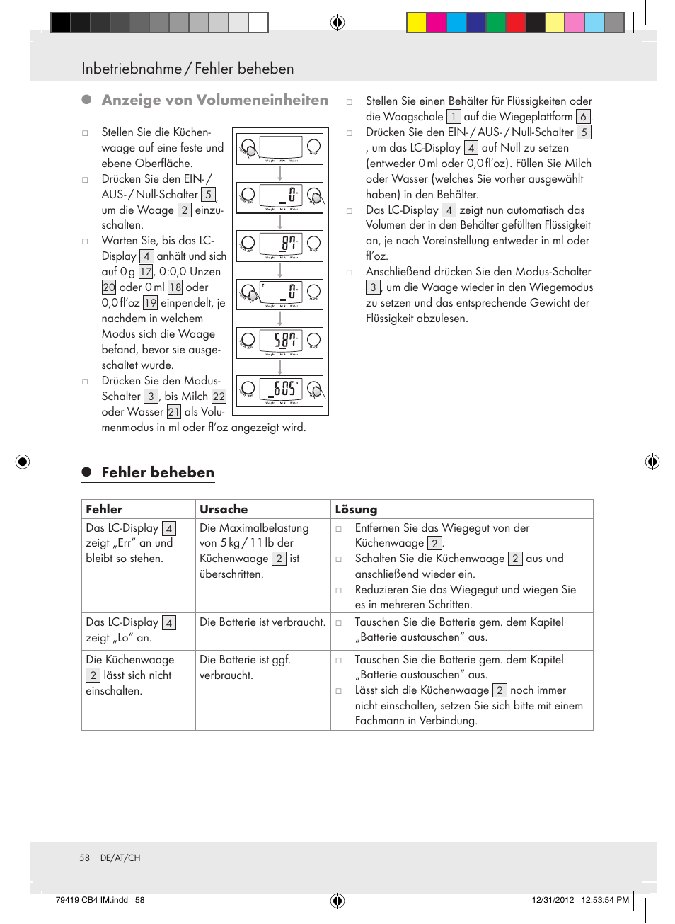 Inbetriebnahme / fehler beheben, Anzeige von volumeneinheiten, Fehler beheben | Silvercrest Z29852A Z29852B User Manual | Page 58 / 60