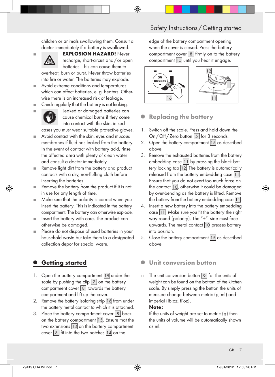 Safety instructions / getting started, Getting started, Replacing the battery | Unit conversion button | Silvercrest Z29852A Z29852B User Manual | Page 7 / 60