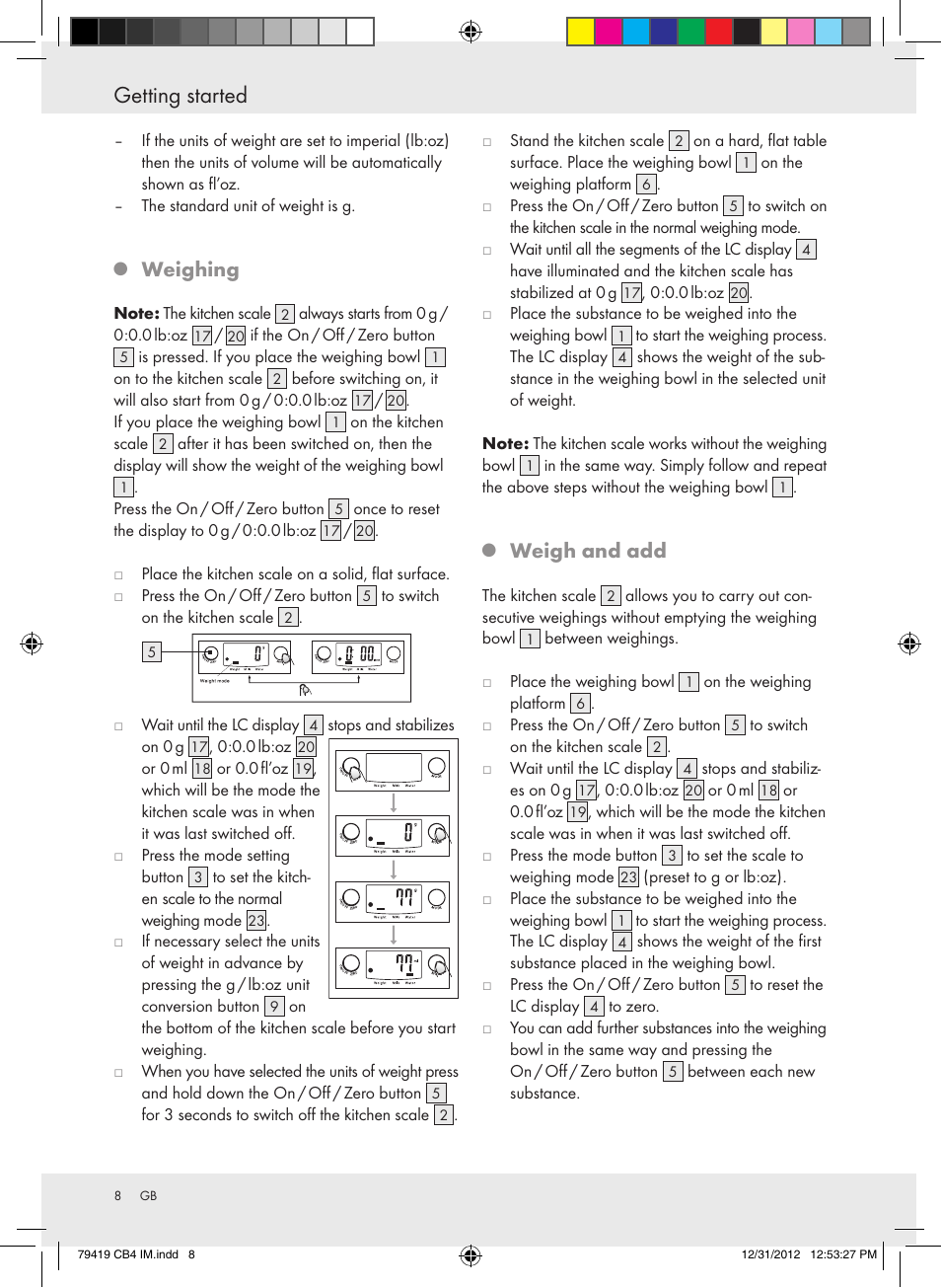 Getting started, Weighing, Weigh and add | Silvercrest Z29852A Z29852B User Manual | Page 8 / 60