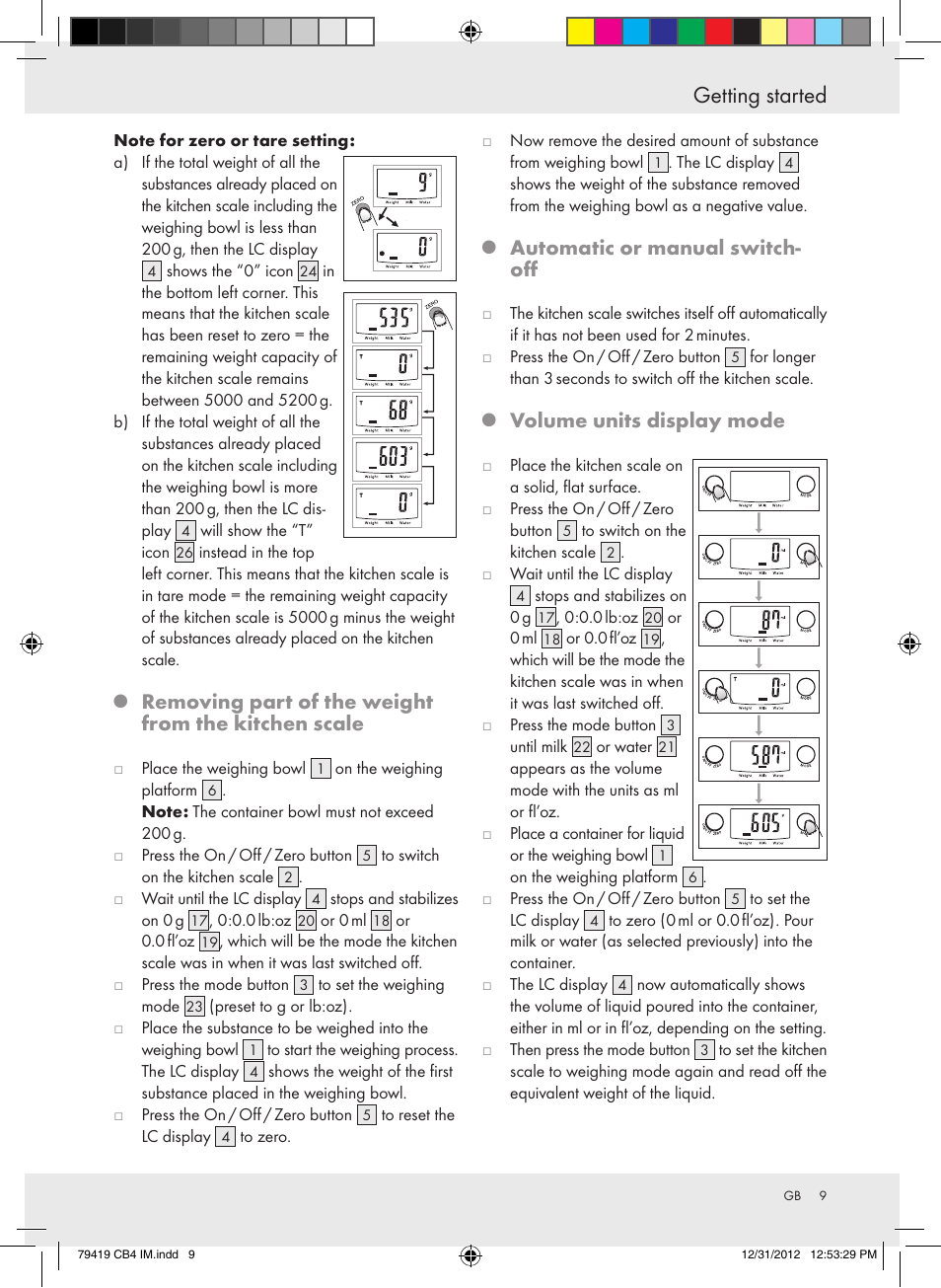 Getting started, Removing part of the weight from the kitchen scale, Automatic or manual switch- off | Volume units display mode | Silvercrest Z29852A Z29852B User Manual | Page 9 / 60