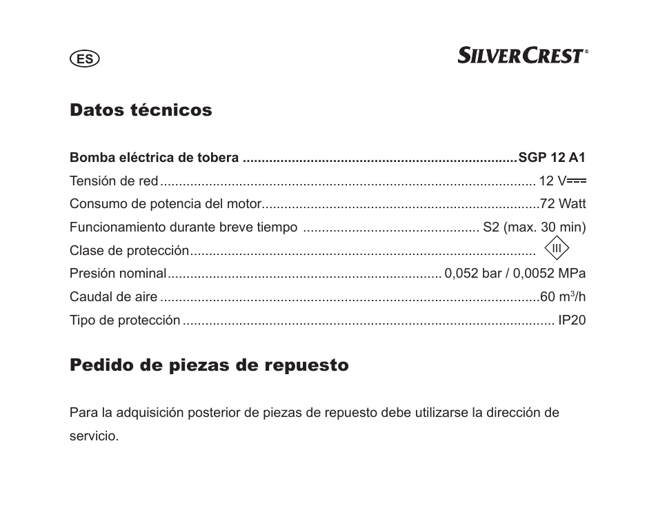 Datos técnicos, Pedido de piezas de repuesto | Silvercrest SGP 12 A1 User Manual | Page 14 / 84