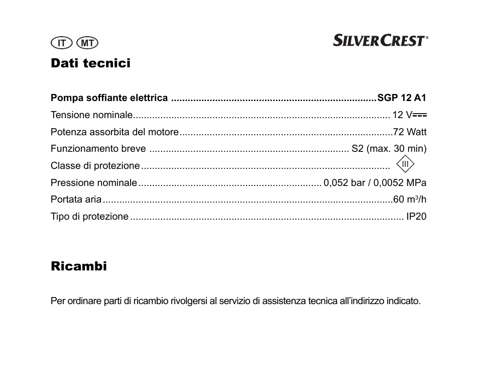 Dati tecnici, Ricambi | Silvercrest SGP 12 A1 User Manual | Page 30 / 84