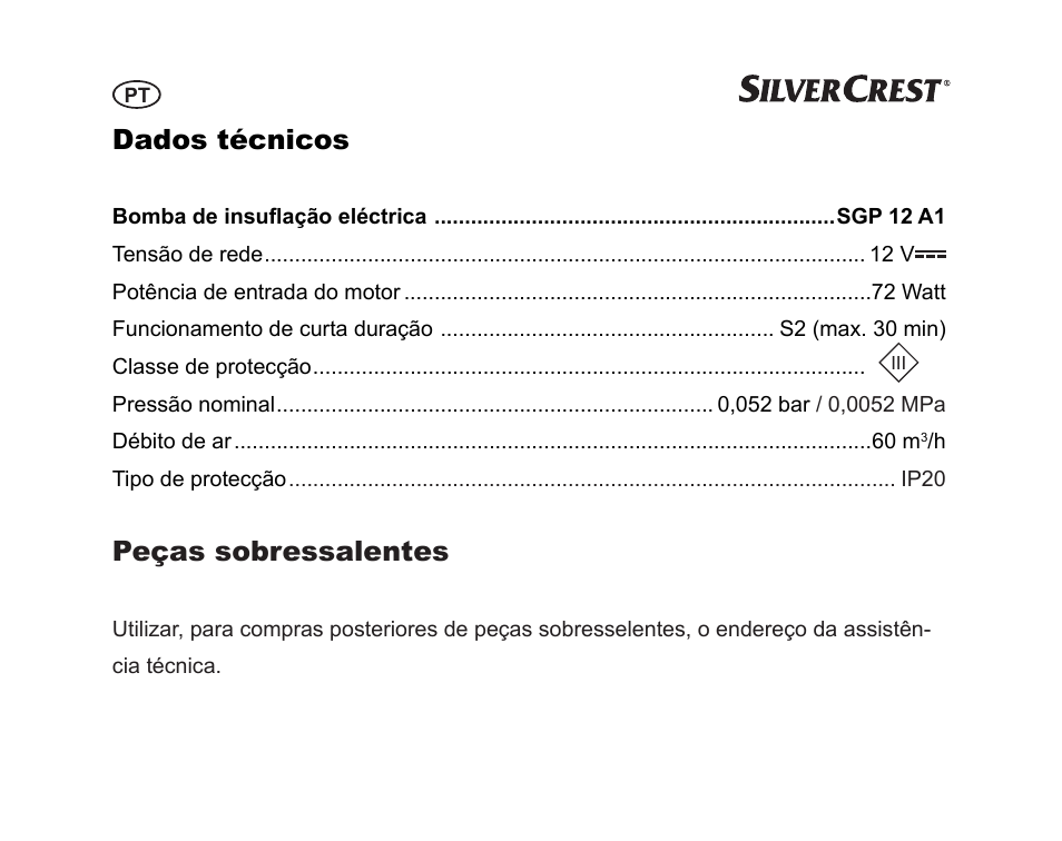 Dados técnicos, Peças sobressalentes | Silvercrest SGP 12 A1 User Manual | Page 46 / 84