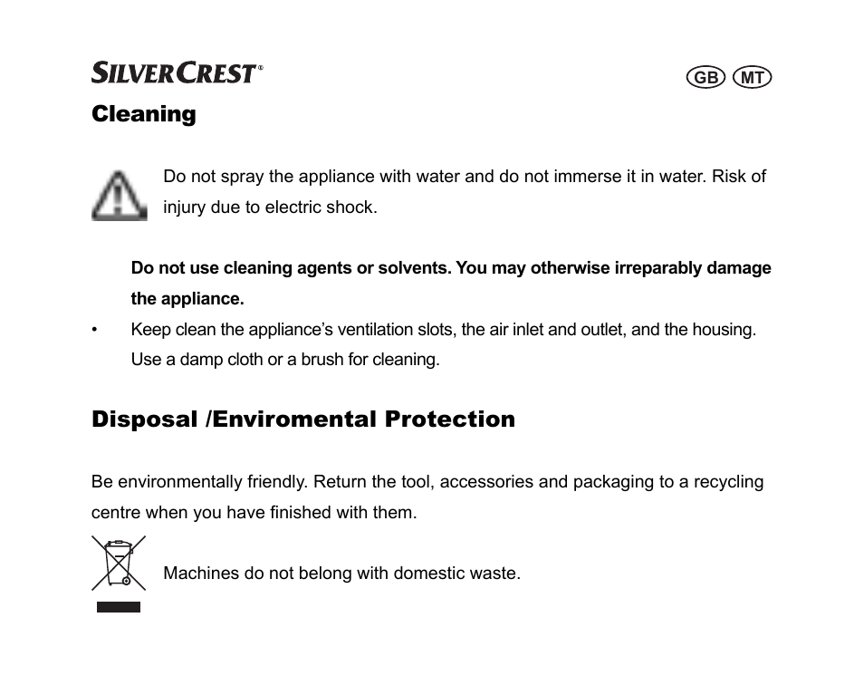 Cleaning, Disposal /enviromental protection | Silvercrest SGP 12 A1 User Manual | Page 59 / 84