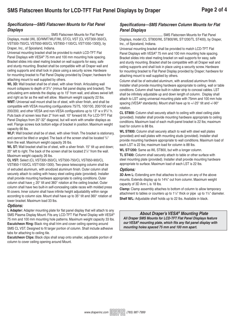 Options, About draper’s vesa, Mounting plate | Draper SMS Flatscreen Ceiling Mounts CL VST User Manual | Page 2 / 4