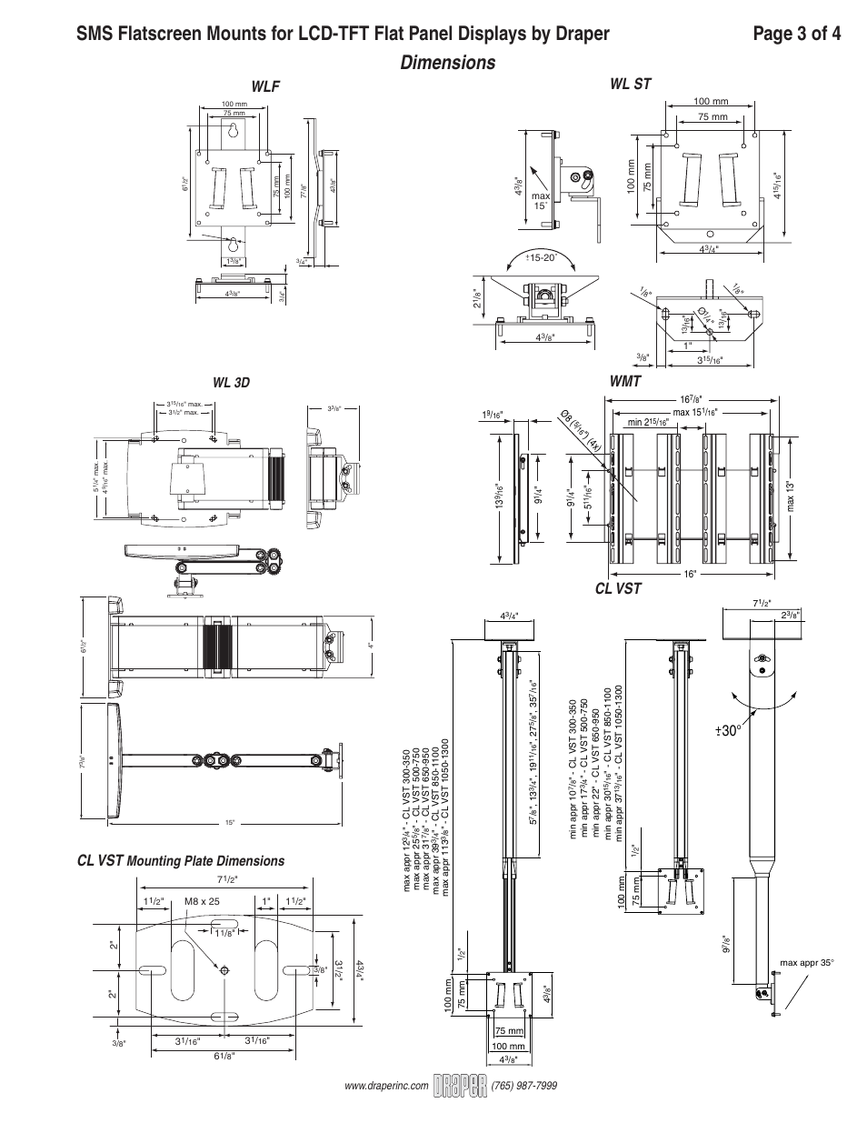 Dimensions, Wl st, Cl vst wlf | Cl vst, Mounting plate dimensions, Wl 3d | Draper SMS Flatscreen Ceiling Mounts CL VST User Manual | Page 3 / 4