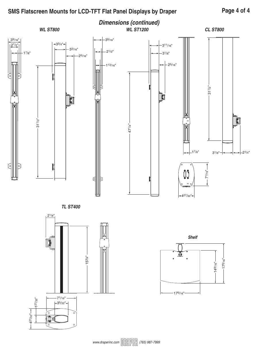 Dimensions (continued), Shelf | Draper SMS Flatscreen Ceiling Mounts CL VST User Manual | Page 4 / 4