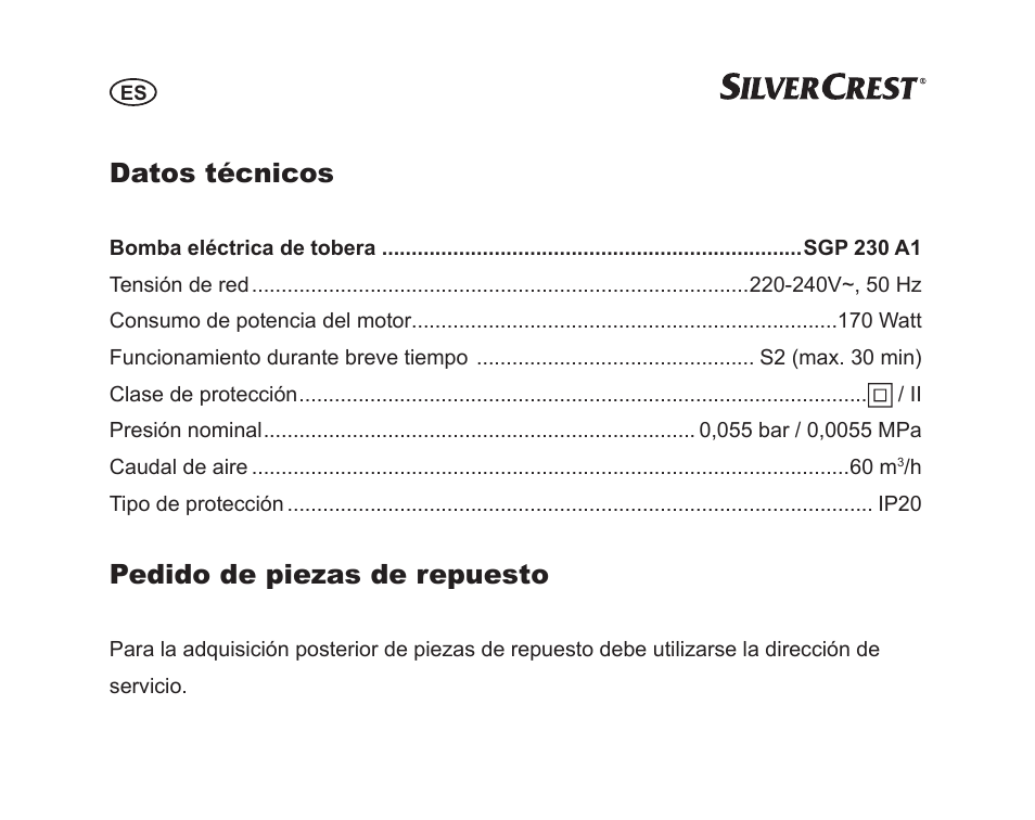 Datos técnicos, Pedido de piezas de repuesto | Silvercrest SGP 230 A1 User Manual | Page 14 / 84