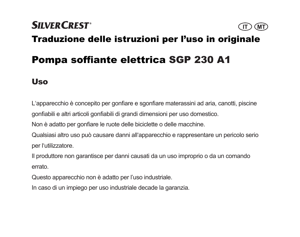 Pompa soffiante elettrica sgp 230 a1, Traduzione delle istruzioni per l’uso in originale | Silvercrest SGP 230 A1 User Manual | Page 17 / 84