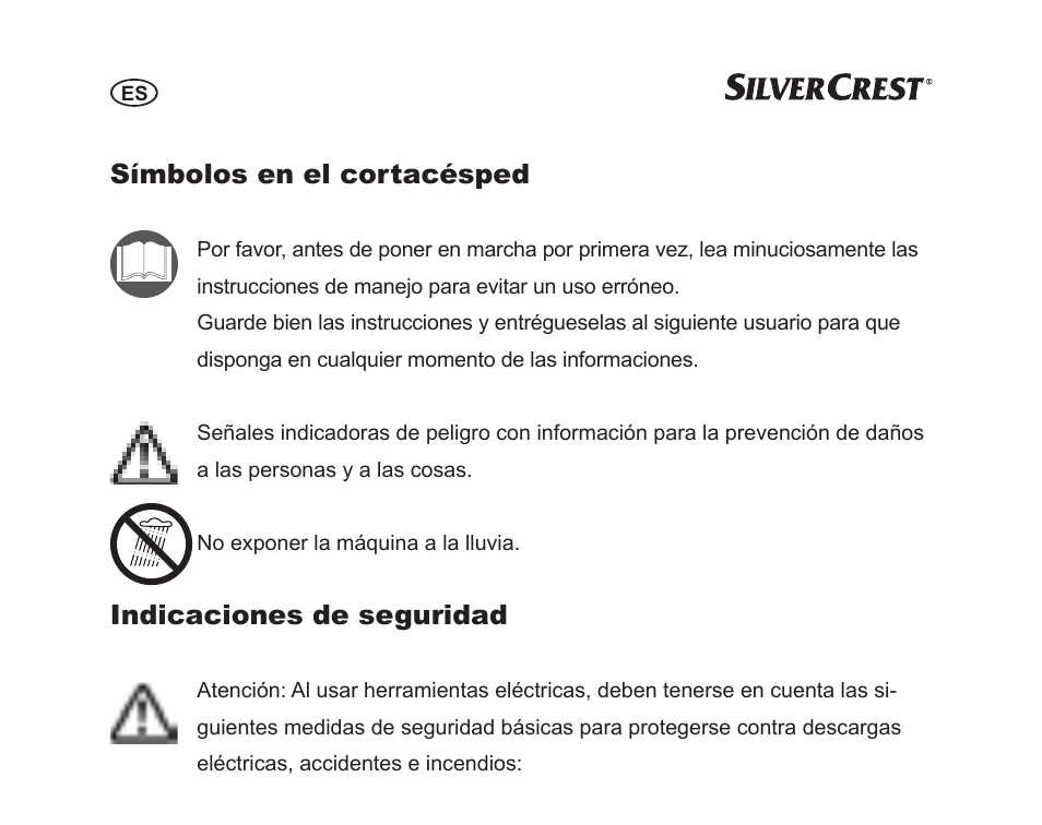 Símbolos en el cortacésped, Indicaciones de seguridad | Silvercrest SGP 230 A1 User Manual | Page 2 / 84