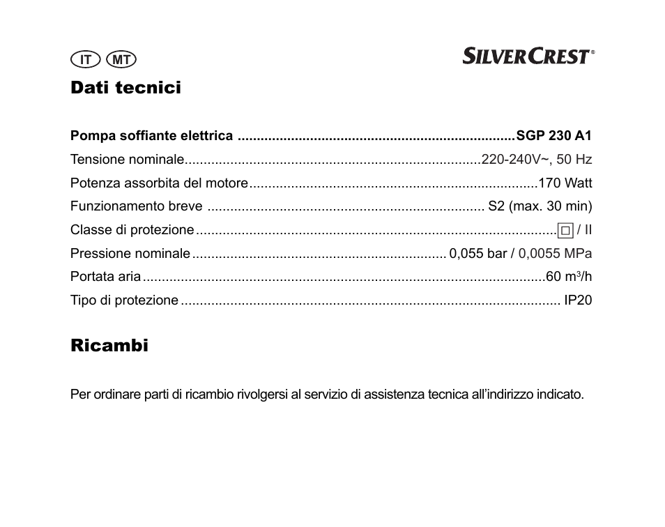 Dati tecnici, Ricambi | Silvercrest SGP 230 A1 User Manual | Page 30 / 84