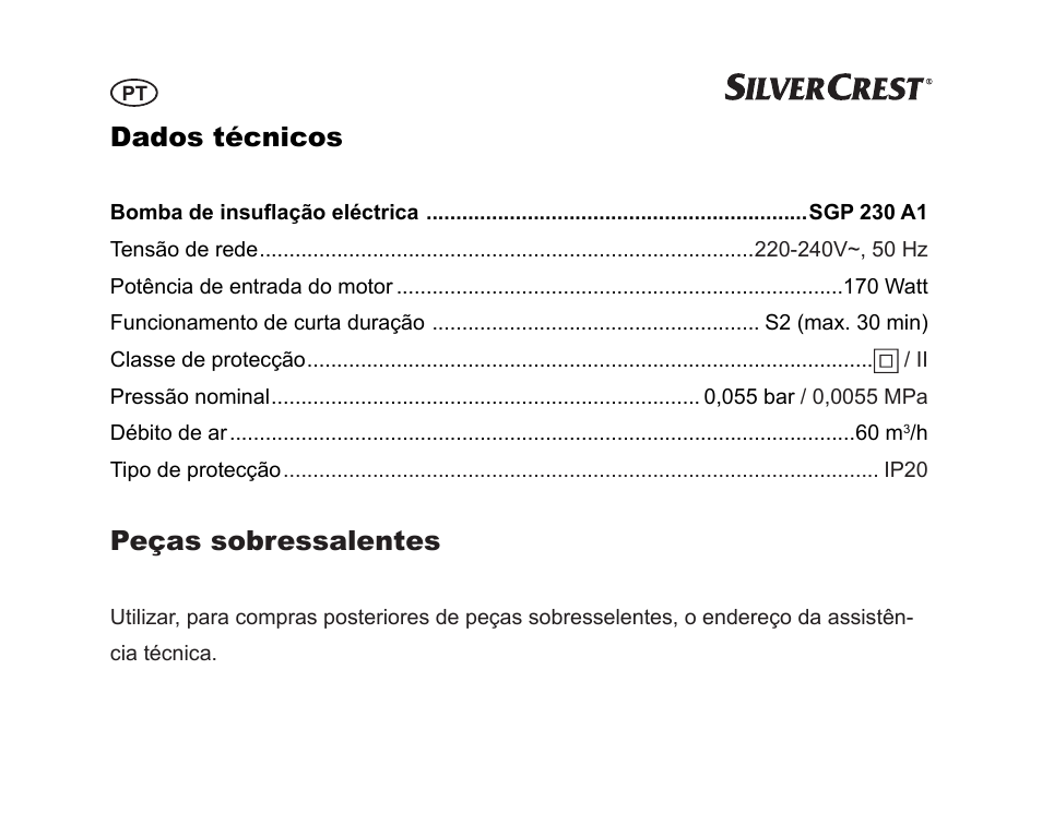 Dados técnicos, Peças sobressalentes | Silvercrest SGP 230 A1 User Manual | Page 46 / 84