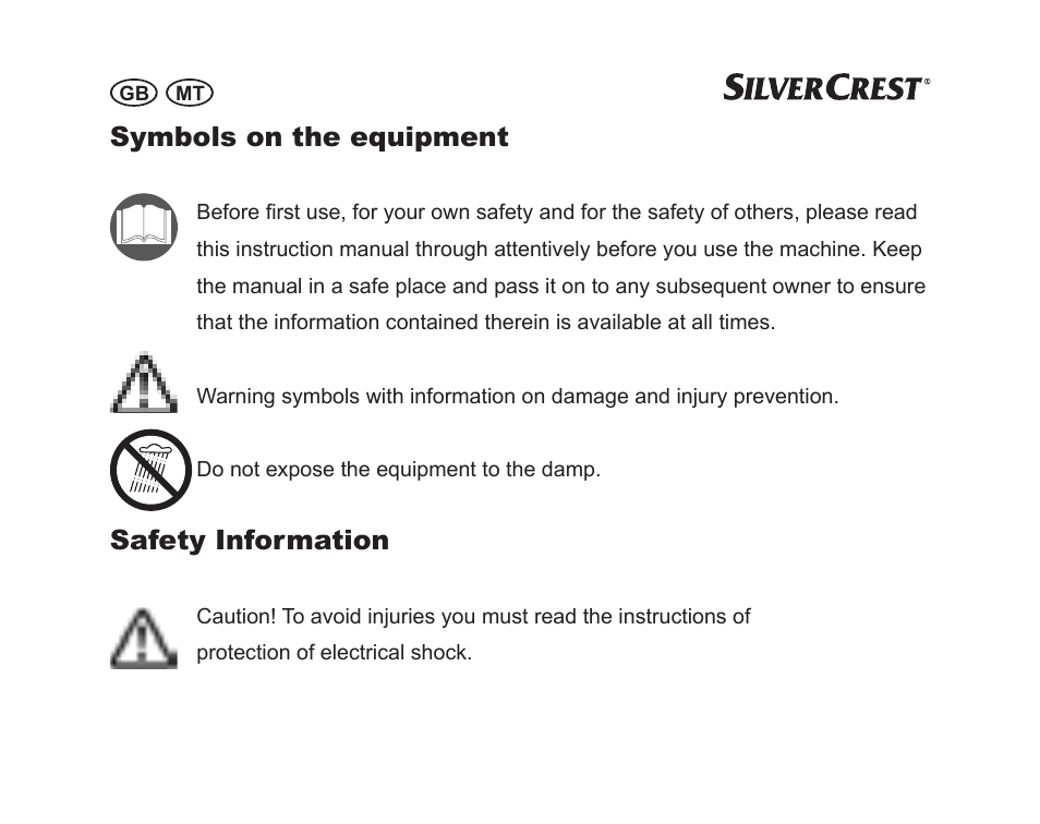 Symbols on the equipment, Safety information | Silvercrest SGP 230 A1 User Manual | Page 50 / 84