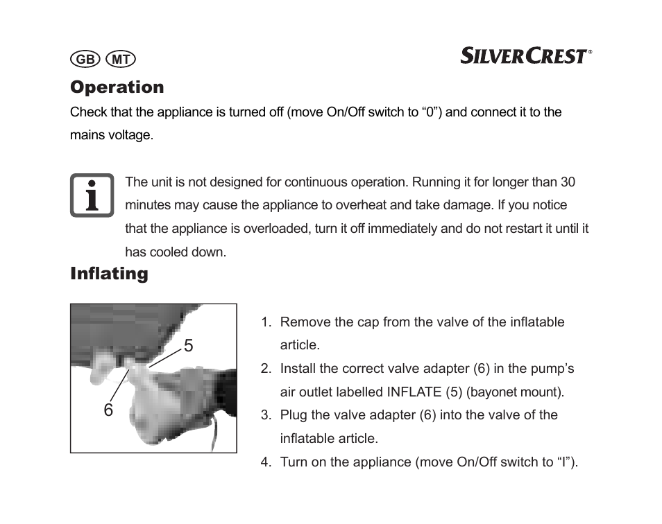 Operation, Inflating 6 5 | Silvercrest SGP 230 A1 User Manual | Page 56 / 84