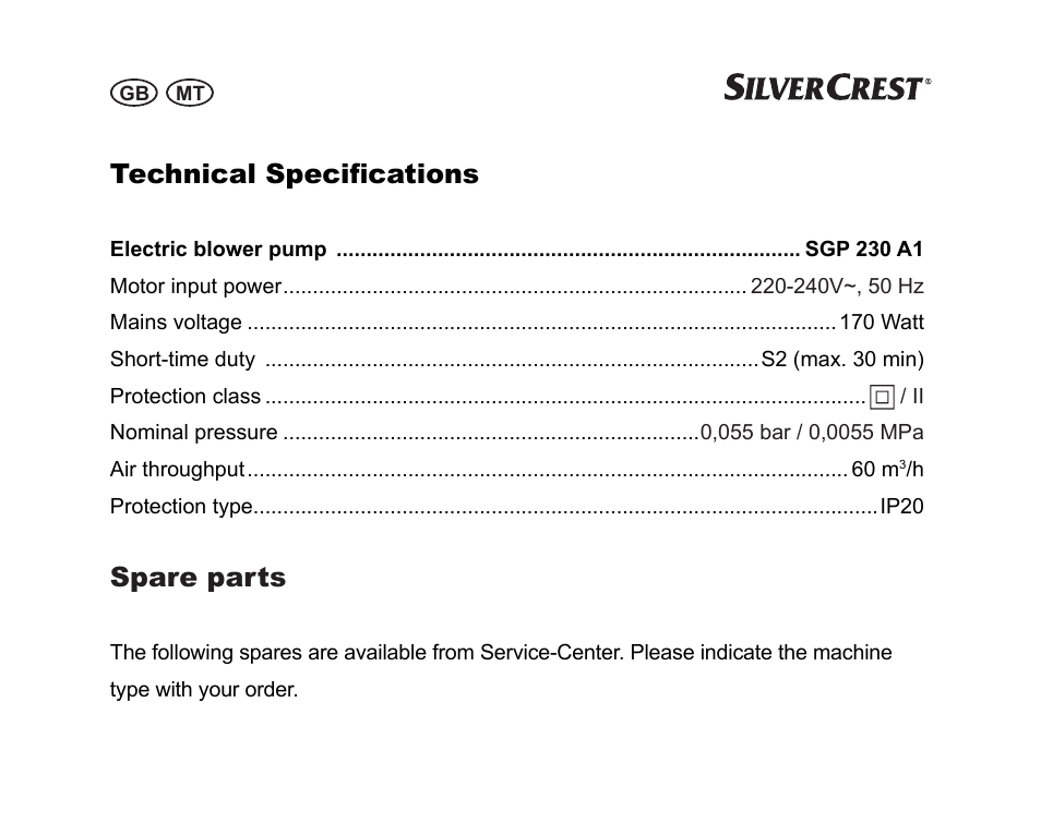 Technical specifications, Spare parts | Silvercrest SGP 230 A1 User Manual | Page 62 / 84
