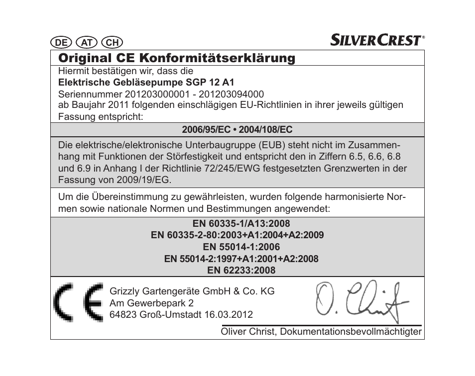 Original ce konformitätserklärung | Silvercrest SGP 12 A1 User Manual | Page 112 / 116