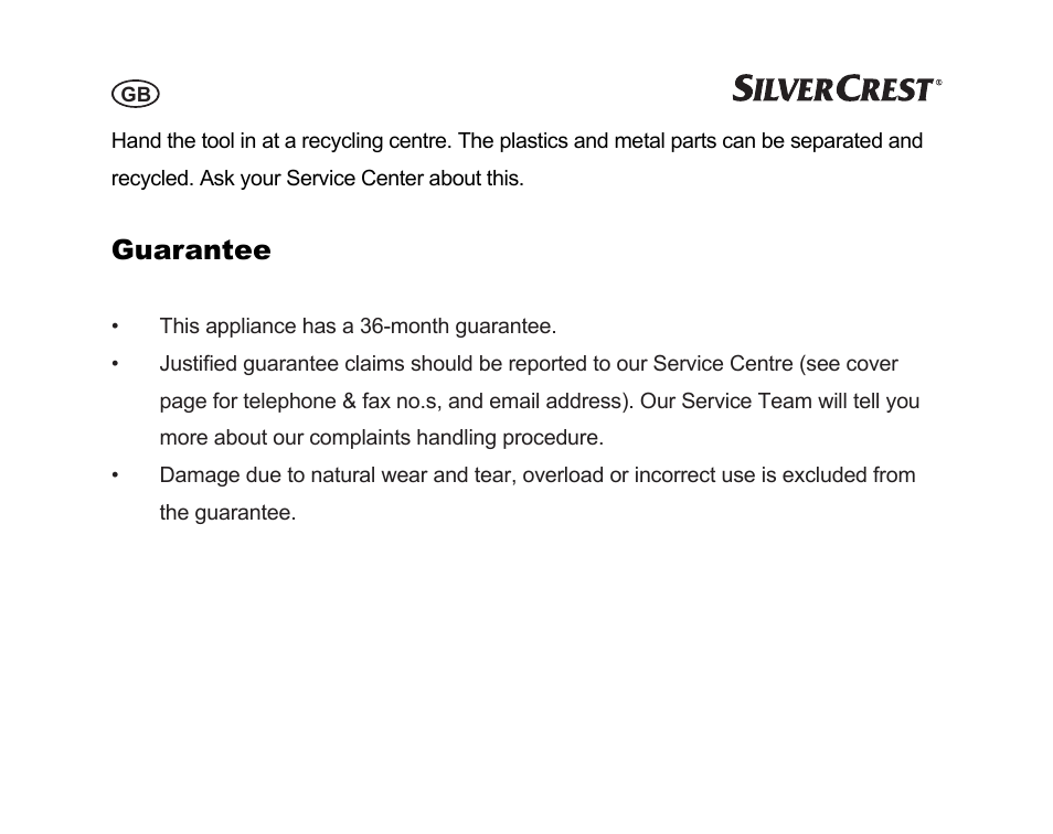 Guarantee | Silvercrest SGP 12 A1 User Manual | Page 12 / 116