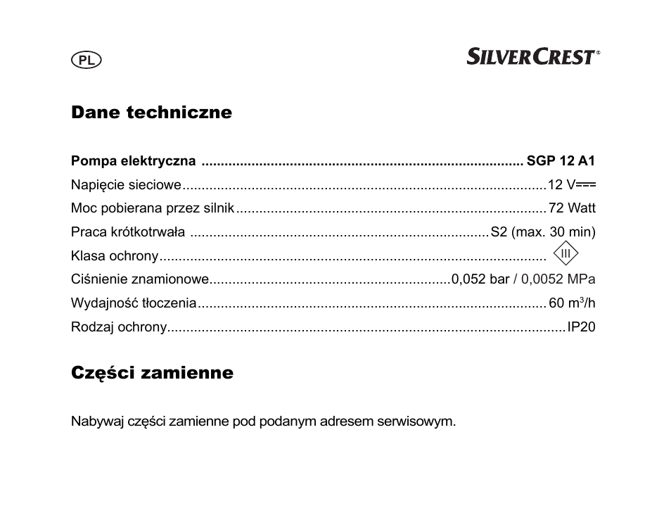 Dane techniczne, Części zamienne | Silvercrest SGP 12 A1 User Manual | Page 30 / 116