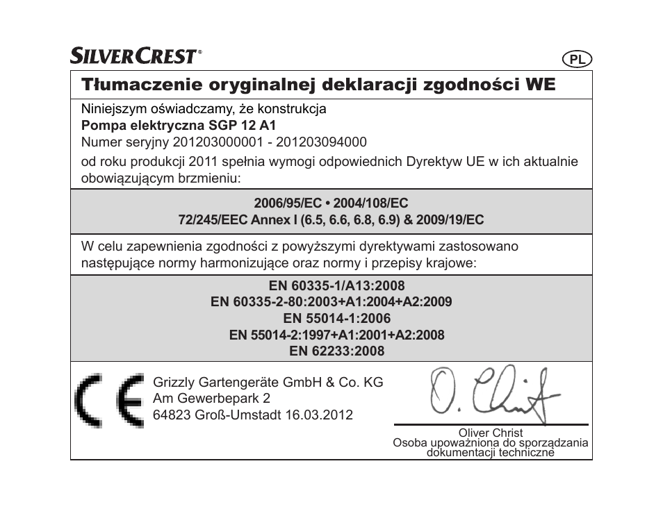 Tłumaczenie oryginalnej deklaracji zgodności we | Silvercrest SGP 12 A1 User Manual | Page 31 / 116