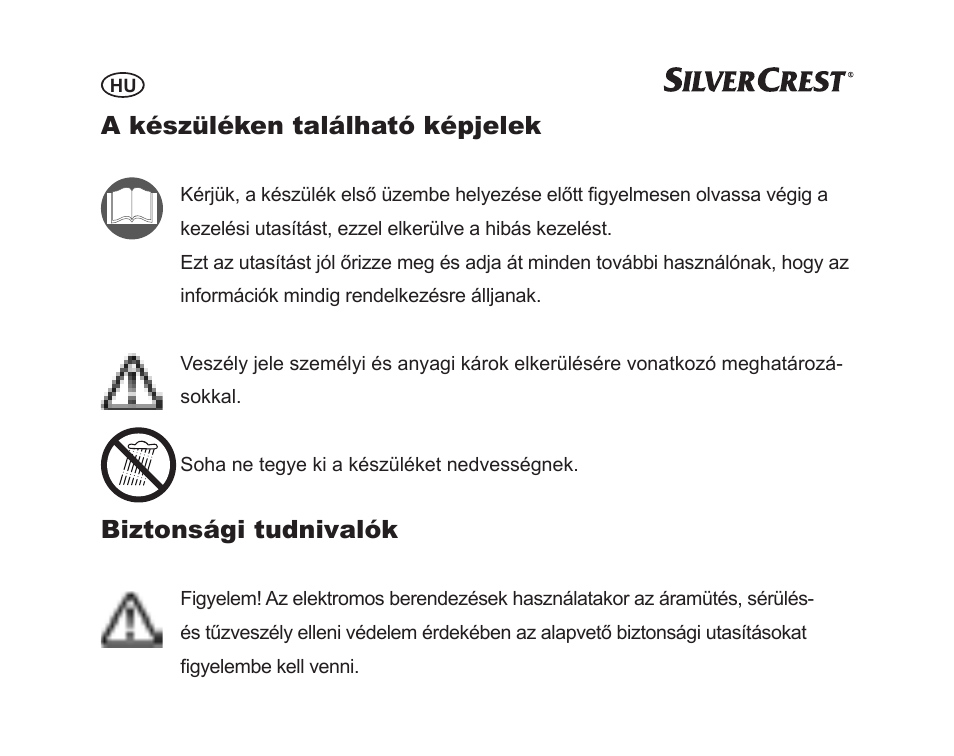 A készüléken található képjelek, Biztonsági tudnivalók | Silvercrest SGP 12 A1 User Manual | Page 34 / 116