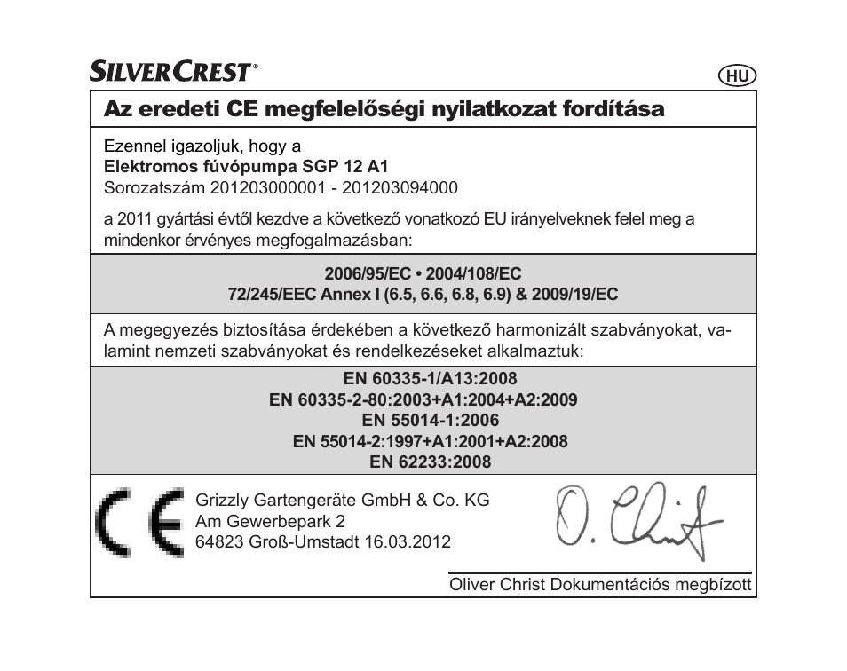 Az eredeti ce megfelelőségi nyilatkozat fordítása | Silvercrest SGP 12 A1 User Manual | Page 47 / 116
