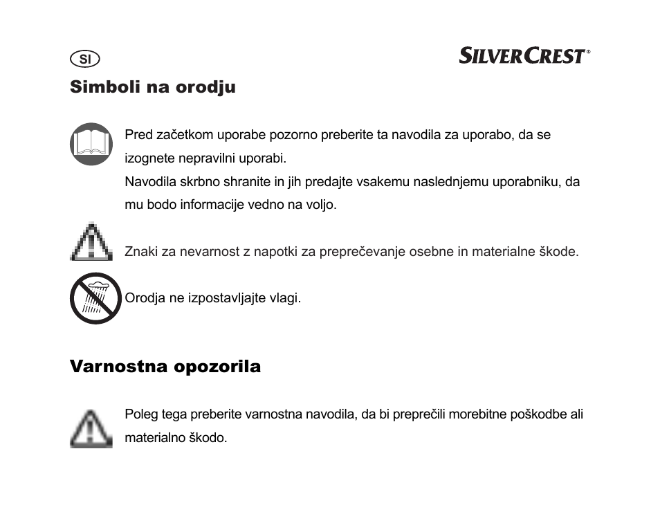 Simboli na orodju, Varnostna opozorila | Silvercrest SGP 12 A1 User Manual | Page 50 / 116