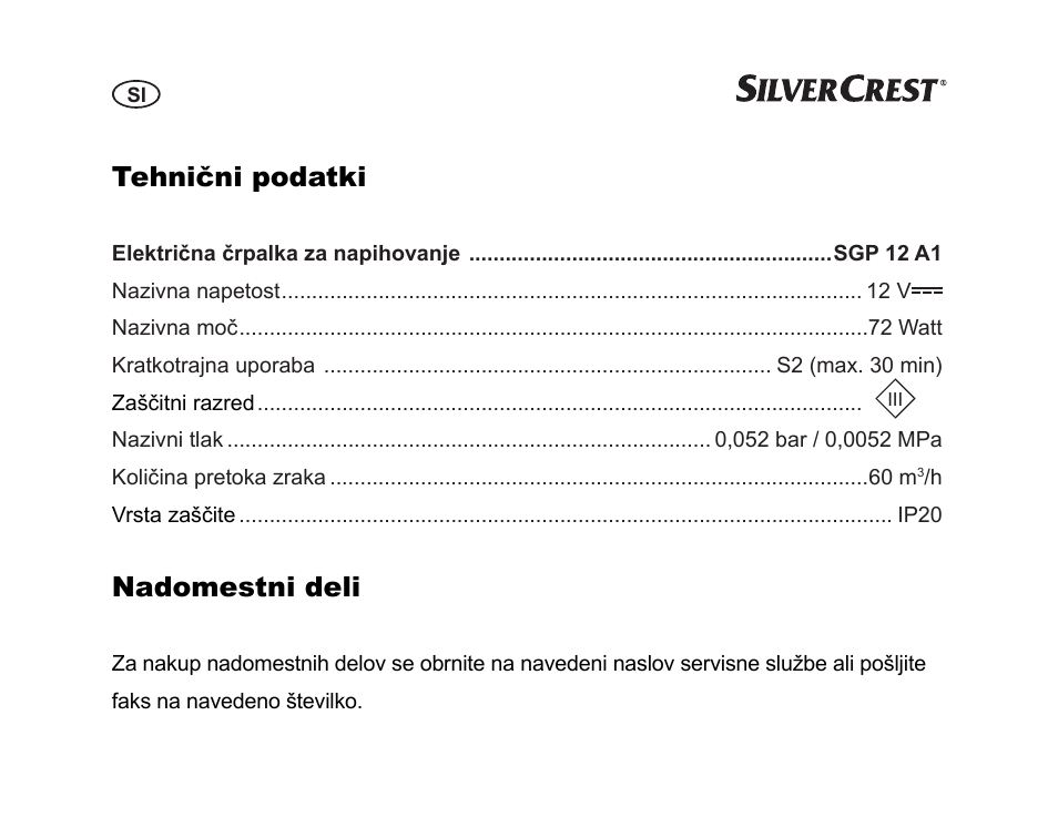 Tehnični podatki, Nadomestni deli | Silvercrest SGP 12 A1 User Manual | Page 62 / 116