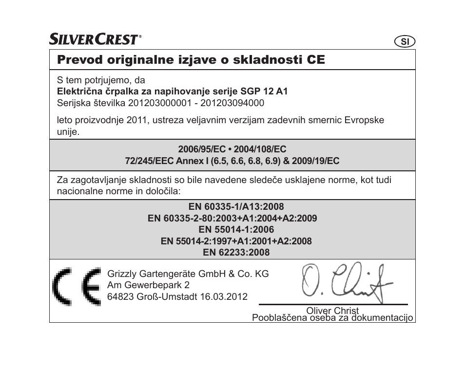 Prevod originalne izjave o skladnosti ce | Silvercrest SGP 12 A1 User Manual | Page 63 / 116