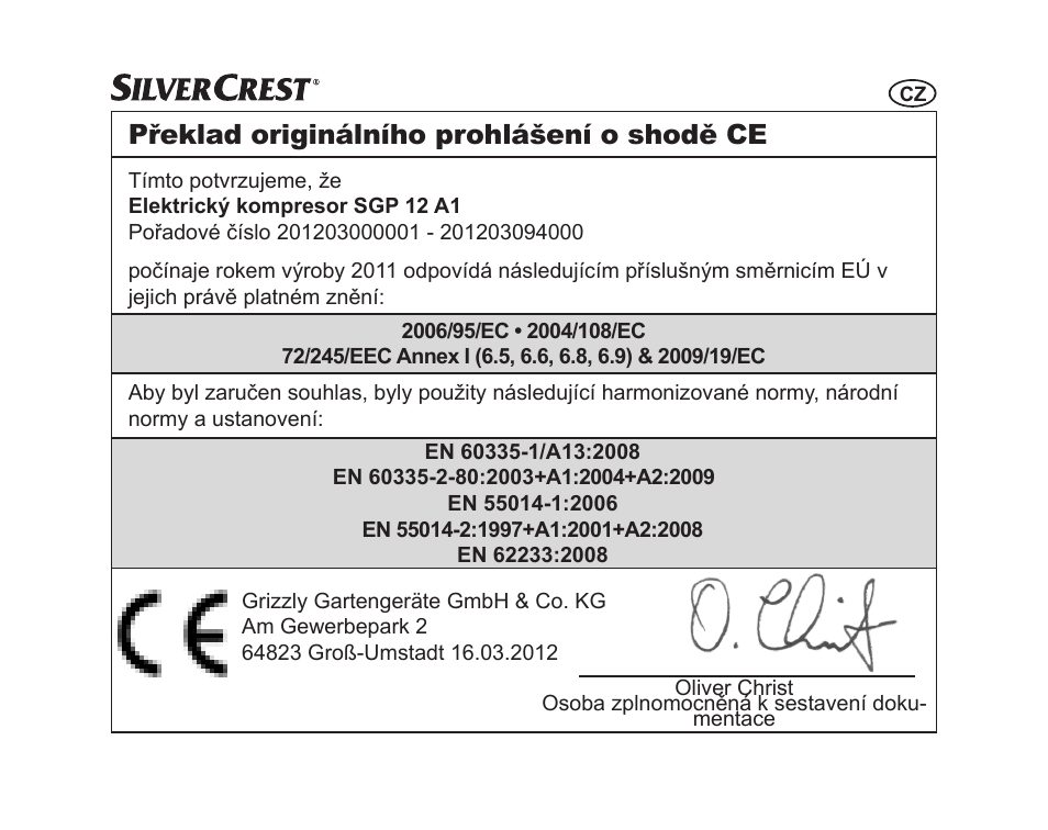 Překlad originálního prohlášení o shodě ce | Silvercrest SGP 12 A1 User Manual | Page 79 / 116