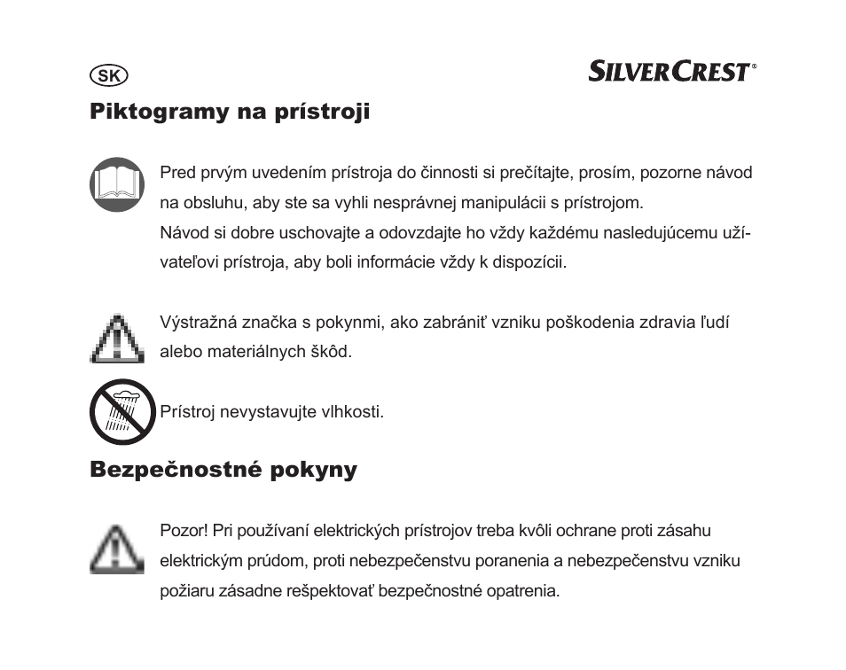 Piktogramy na prístroji, Bezpečnostné pokyny | Silvercrest SGP 12 A1 User Manual | Page 82 / 116