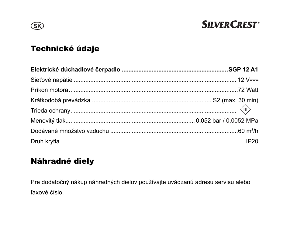 Technické údaje, Náhradné diely | Silvercrest SGP 12 A1 User Manual | Page 94 / 116