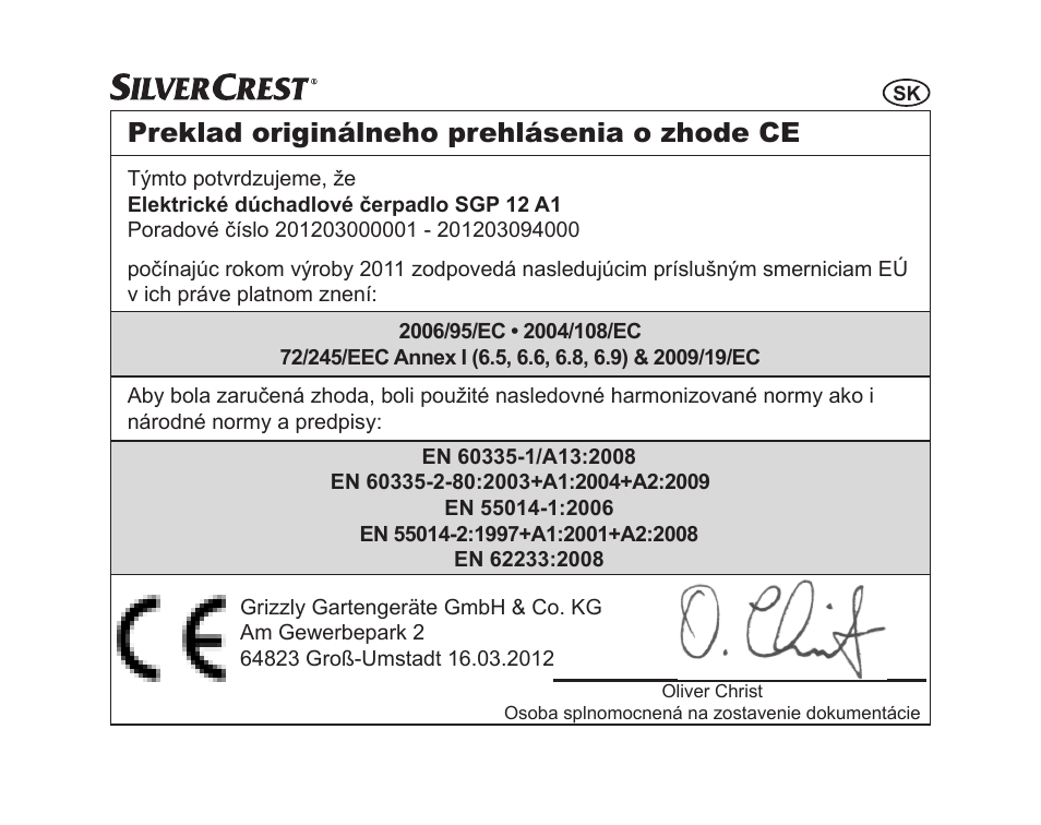 Preklad originálneho prehlásenia o zhode ce | Silvercrest SGP 12 A1 User Manual | Page 95 / 116