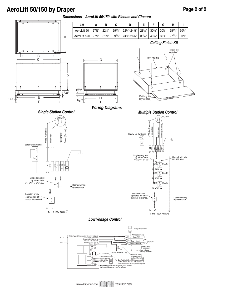 Page 2 of 2, Wiring diagrams, Ceiling finish kit | 30¼" a, H i g, B c e f | Draper AeroLift 50 User Manual | Page 2 / 2