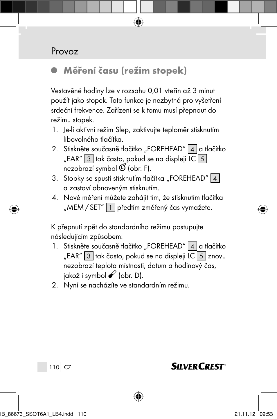 Provoz, Měření času (režim stopek) | Silvercrest SSOT 6 A1 User Manual | Page 110 / 181