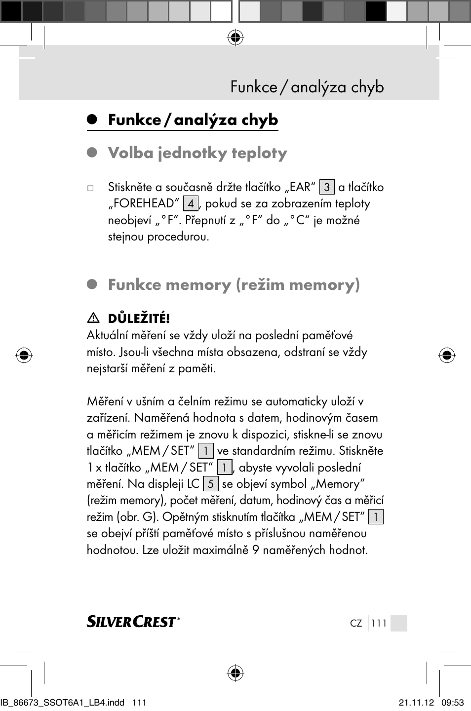 Funkce / analýza chyb, Volba jednotky teploty | Silvercrest SSOT 6 A1 User Manual | Page 111 / 181